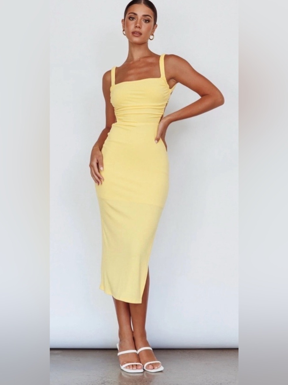 Lemon Yellow Lace-Up Back Side Split MIDI Dress
